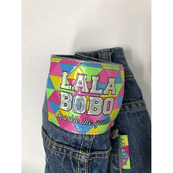 Lala Bobo Womens 27x29 Blue Denim Jeans Polka Dots Tapered Leg Loud Fun - Picture 7 of 8